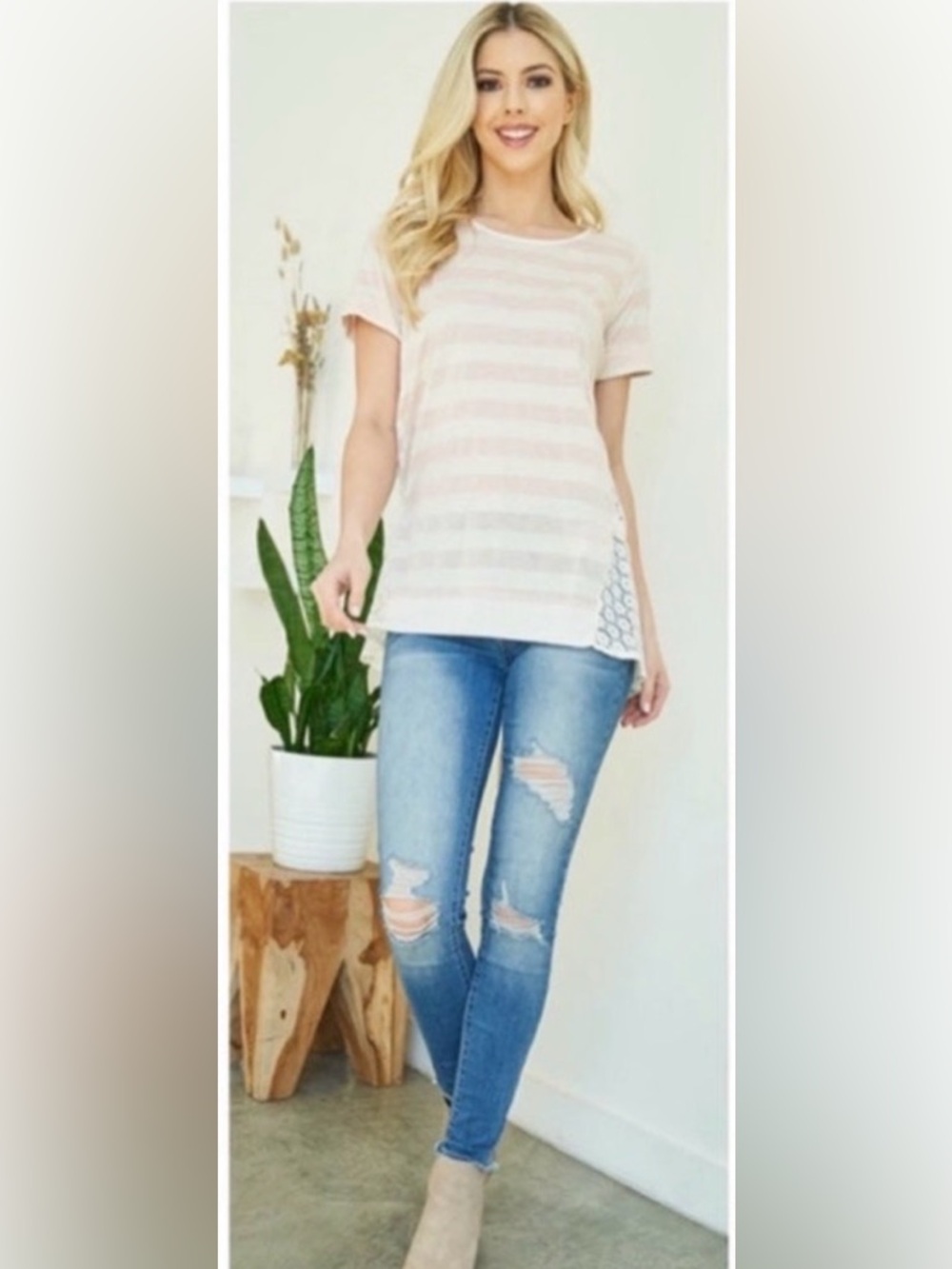 New Ryu Areve Stripe Vintage Distress Wash Top with Crochet Back